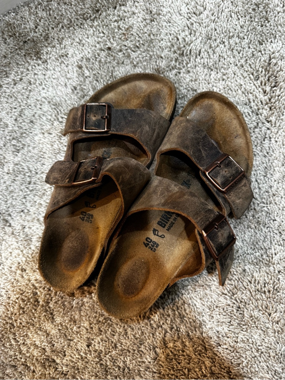 Arizona Birkenstock Leather Brown Double Strap Cork Sandals with Copper Buckles